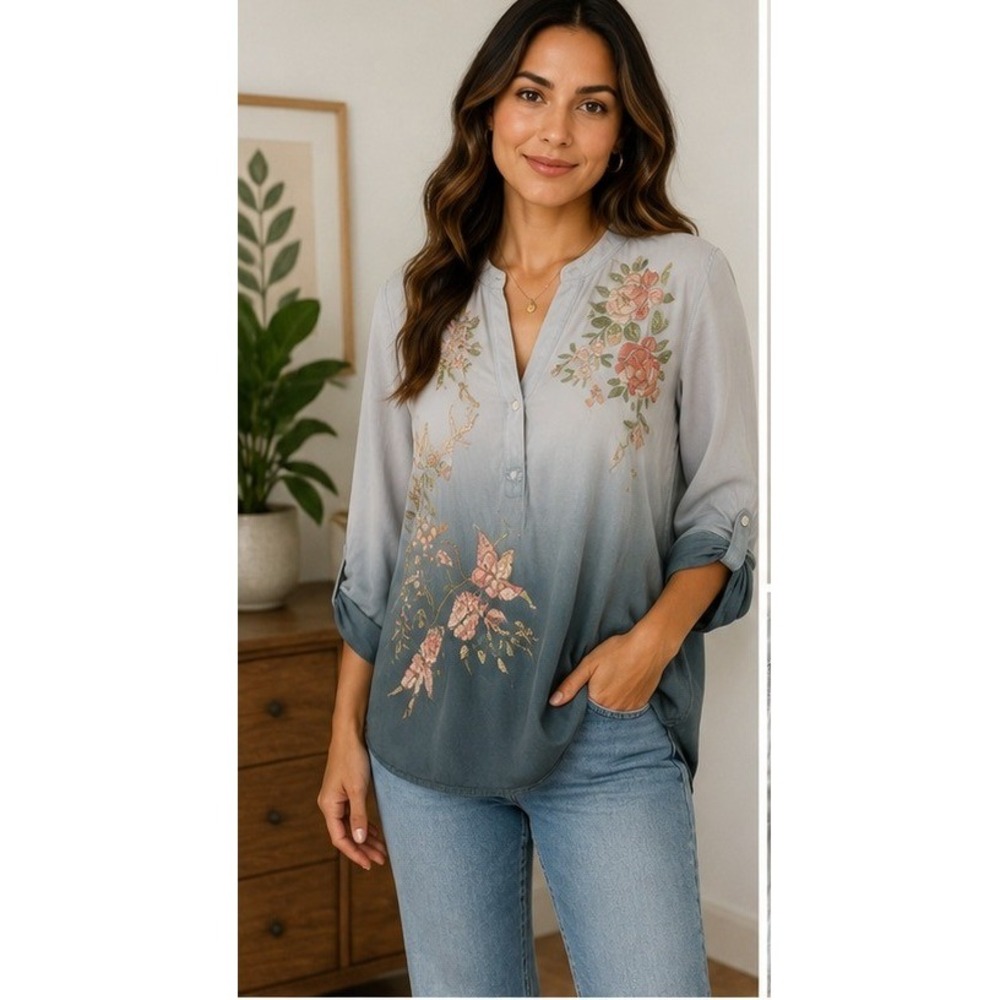 Tiny Anthropologie Tunic Women S Boho Ombre Floral Embroidered Roll Tab Sleeve